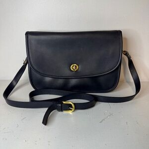 Vintage Navy Blue Leather Crossbody Flap Purse 90s "City Bag" Style